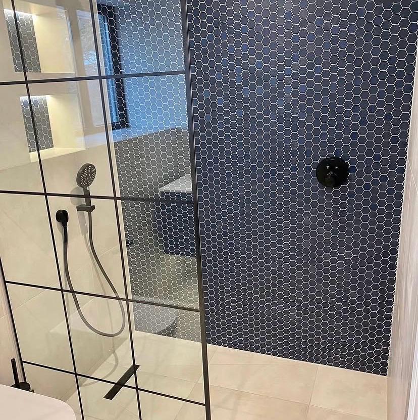 Black Crittall framed walk-in shower enclosure